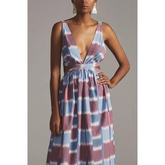 Anthropologie Deep V Strappy Back Tie Midi Dress - Picture 2 of 6